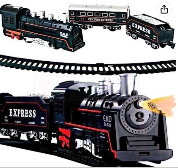 Smoke Train Battery Operated Electric Train Set, 13 Pieces with Lights and Sound, Express Locomotive with Track