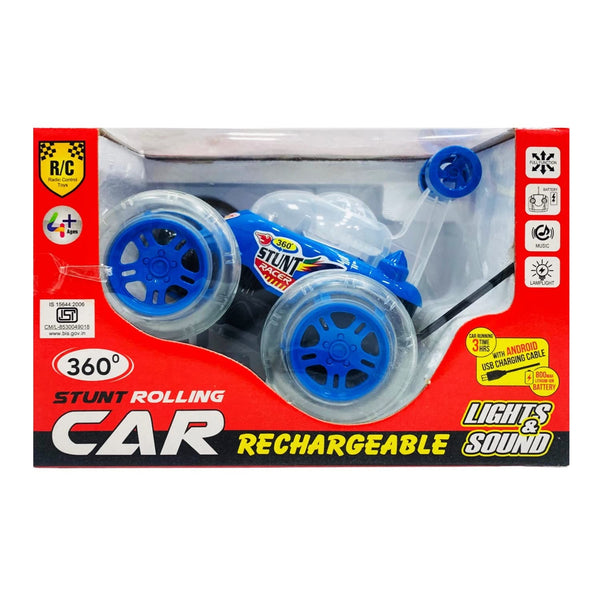 Remote Control 360° Rolling Stunt Car | RC Car with Lights, Music & Rechargeable Battery | Blue.
