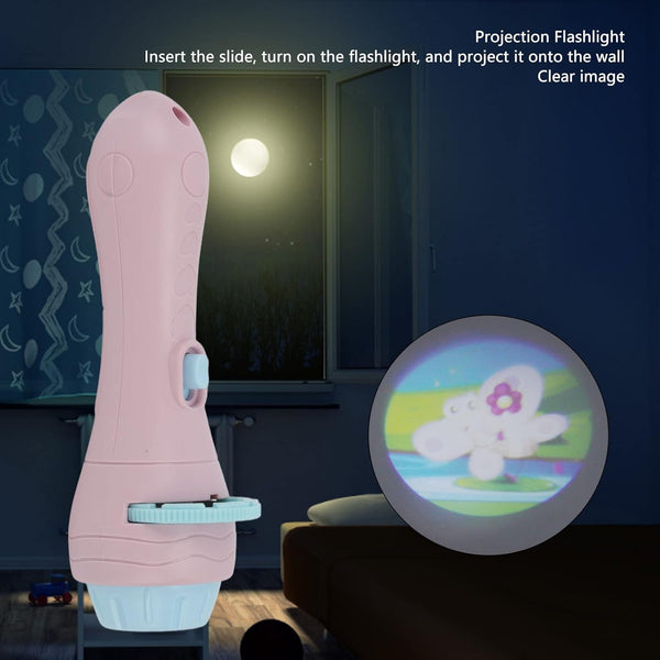 Kids Mini Projector Flashlight Torch | Includes Interchangeable Image Discs | Pink Storybook Projector.