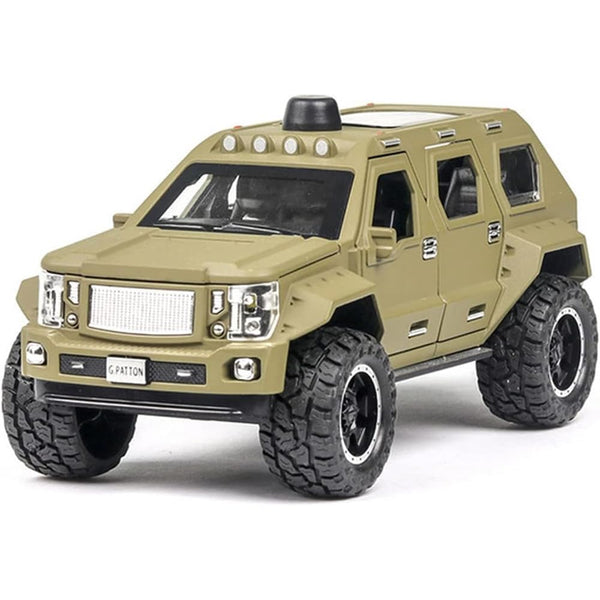Off-Road Die-Cast Metal Car | Pull-Back Toy Vehicle with Sound & Lights | Opening Doors (Army Green).