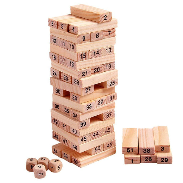 Wooden Tumbling Tower Stacking Blocks Game (51 Pcs) | Classic Wood Stacking Toy with 4 Dice | Family Game.