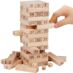 Wooden Tumbling Tower Stacking Blocks Game (51 Pcs) | Classic Wood Stacking Toy with 4 Dice | Family Game.