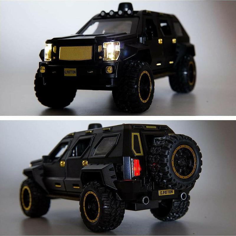 Off-Road Die-Cast Metal Car | Pull-Back Toy Vehicle with Sound & Lights | Opening Doors (Army Green).