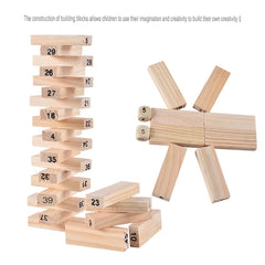 Wooden Tumbling Tower Stacking Blocks Game (51 Pcs) | Classic Wood Stacking Toy with 4 Dice | Family Game.