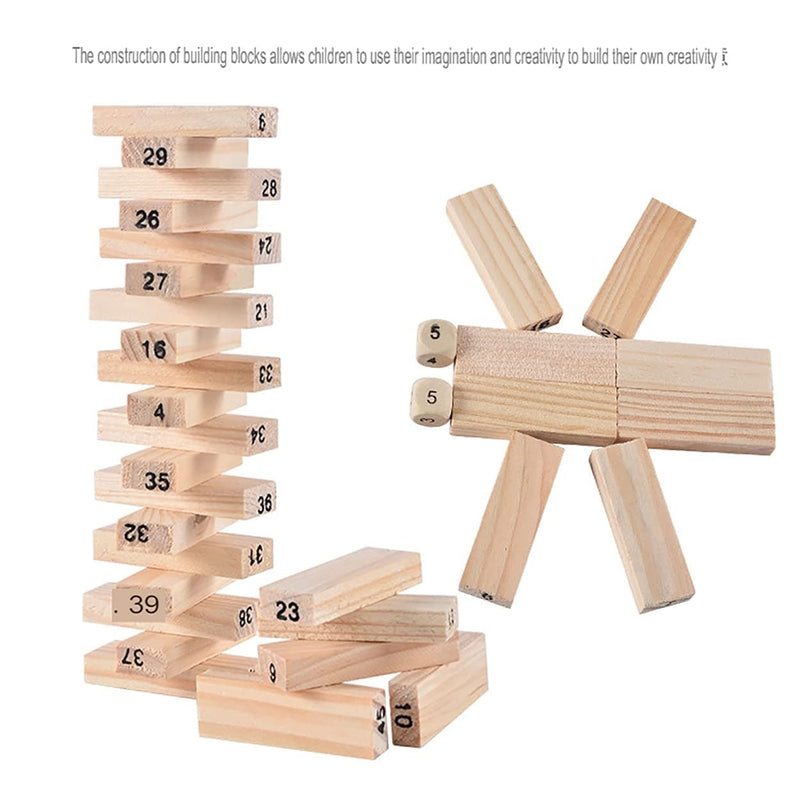 Wooden Tumbling Tower Stacking Blocks Game (51 Pcs) | Classic Wood Stacking Toy with 4 Dice | Family Game.