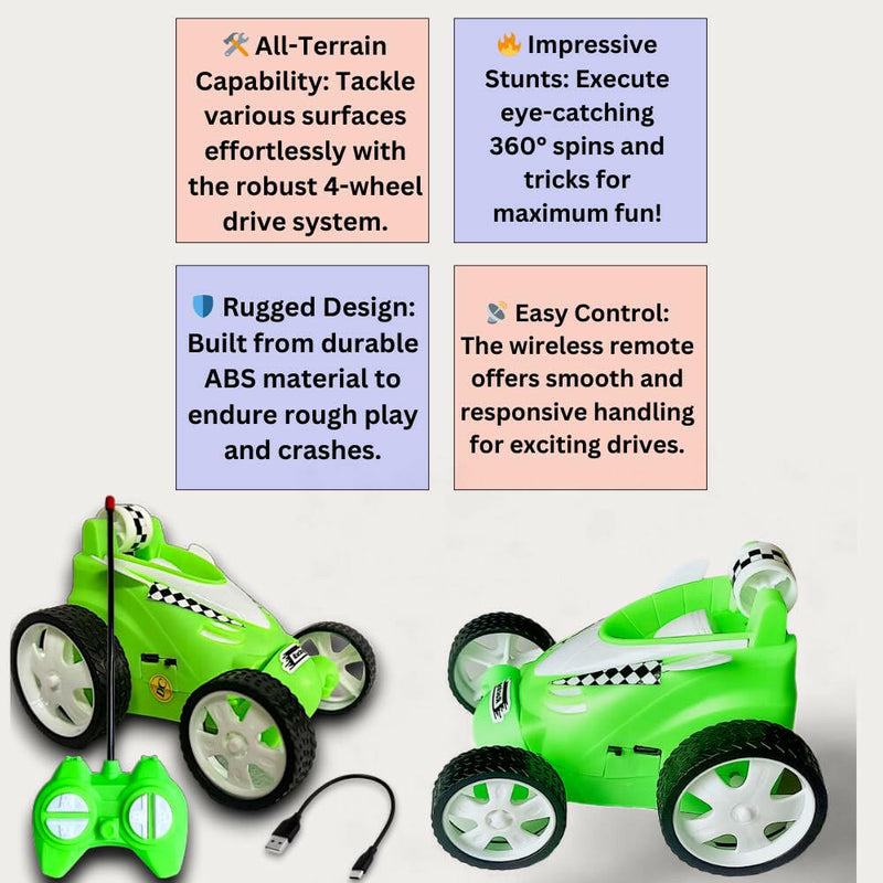Rechargeable Mini RC Stunt Car | 360° Rotating 4WD Remote Control Car | USB Charging (Multi Color).