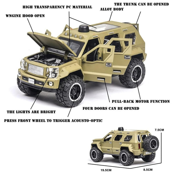 Off-Road Die-Cast Metal Car | Pull-Back Toy Vehicle with Sound & Lights | Opening Doors (Army Green).