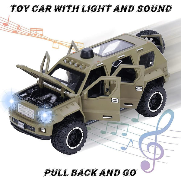 Off-Road Die-Cast Metal Car | Pull-Back Toy Vehicle with Sound & Lights | Opening Doors (Army Green).