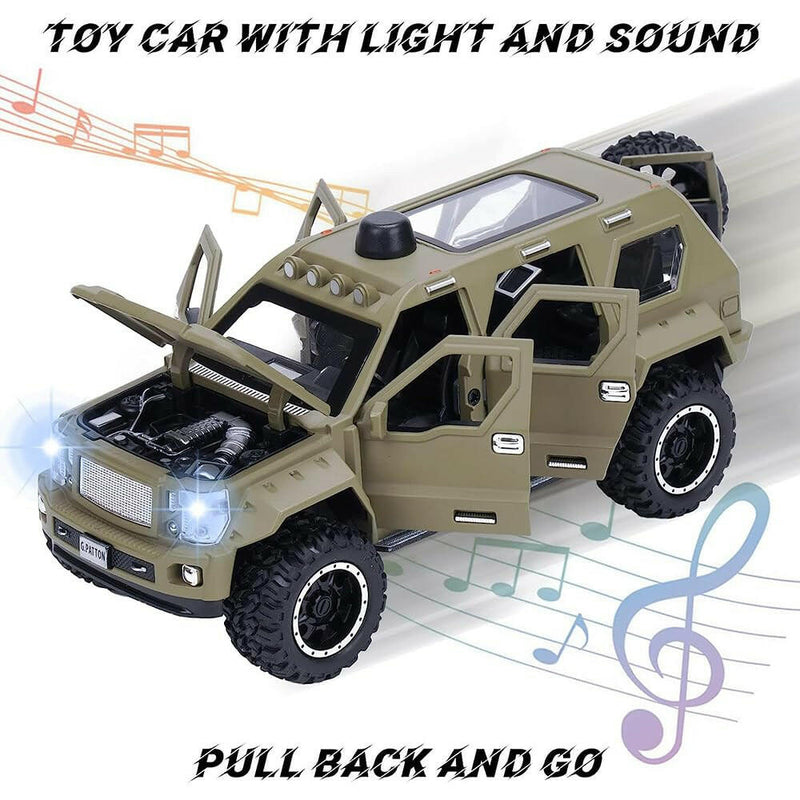Off-Road Die-Cast Metal Car | Pull-Back Toy Vehicle with Sound & Lights | Opening Doors (Army Green).