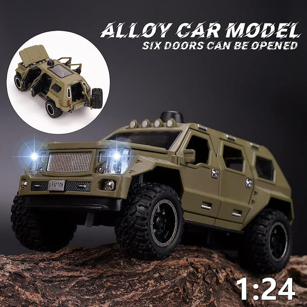 Off-Road Die-Cast Metal Car | Pull-Back Toy Vehicle with Sound & Lights | Opening Doors (Army Green).
