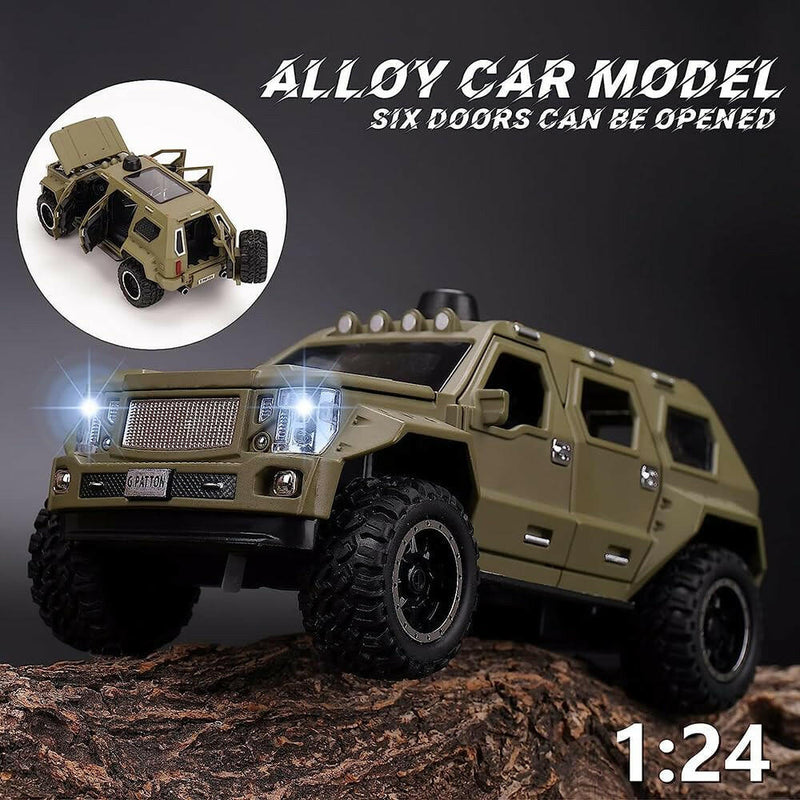 Off-Road Die-Cast Metal Car | Pull-Back Toy Vehicle with Sound & Lights | Opening Doors (Army Green).