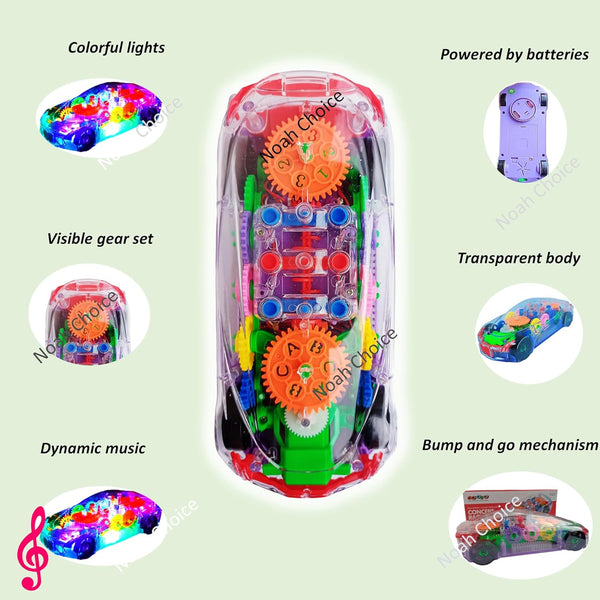 Transparent 3D Concept Gear Car | See-Through Toy with Lights & Music | 360° Auto-Rotating Sensor.