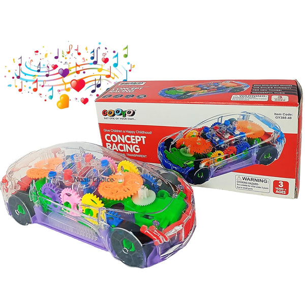 Transparent 3D Concept Gear Car | See-Through Toy with Lights & Music | 360° Auto-Rotating Sensor.