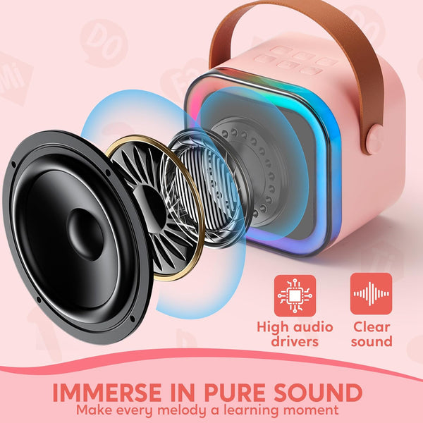 Kids Bluetooth Karaoke Microphone Speaker | Wireless Portable Singing Mic with RGB Lights | Party POP Mic (Pink).