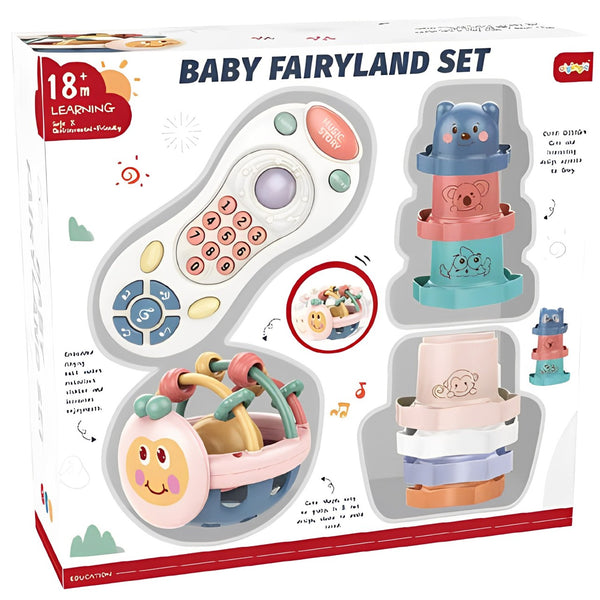 Baby Fairyland Gift Set with Rattles, Stacking Rings & Toy Remote | Early Development Sensory Toys.