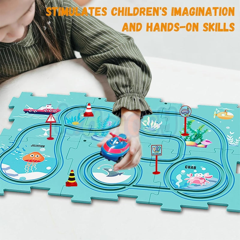 Montessori Car Rail Puzzle & Track Set | Multi Series Adventure Race Track | Educational Toddler Puzzle Toy.