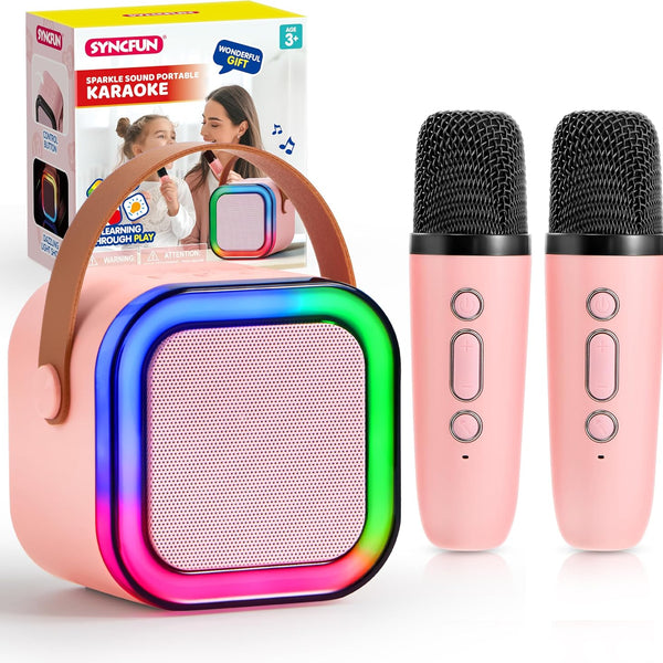Kids Bluetooth Karaoke Microphone Speaker | Wireless Portable Singing Mic with RGB Lights | Party POP Mic (Pink).