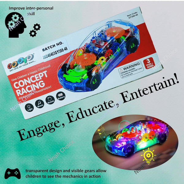 Transparent 3D Concept Gear Car | See-Through Toy with Lights & Music | 360° Auto-Rotating Sensor.