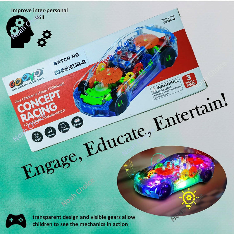 Transparent 3D Concept Gear Car | See-Through Toy with Lights & Music | 360° Auto-Rotating Sensor.