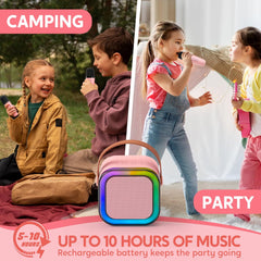 Kids Bluetooth Karaoke Microphone Speaker | Wireless Portable Singing Mic with RGB Lights | Party POP Mic (Pink).