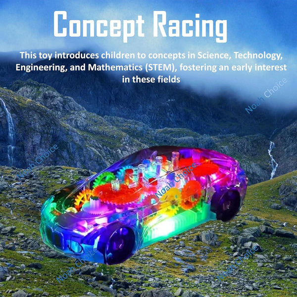 Transparent 3D Concept Gear Car | See-Through Toy with Lights & Music | 360° Auto-Rotating Sensor.