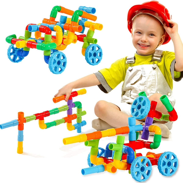 Colorful Building Blocks for Kids - Plastic Pipe Building Block with Wheels Creative Smart Activity Fun and Learning Blocks Puzzle Assemble Toys, Children Gift Set (85Pcs)