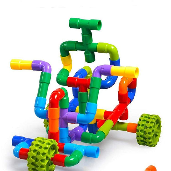Colorful Building Blocks for Kids - Plastic Pipe Building Block with Wheels Creative Smart Activity Fun and Learning Blocks Puzzle Assemble Toys, Children Gift Set (85Pcs)
