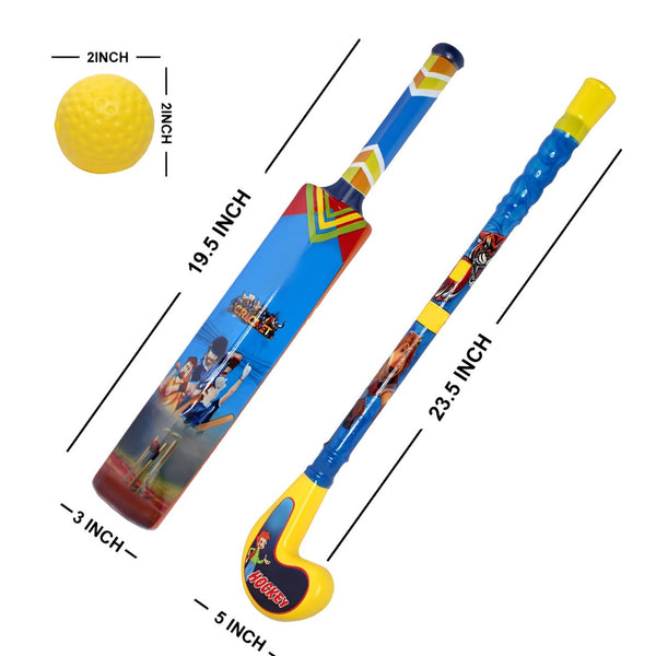 Kids Cricket Bat and Hockey Stick Set with 2 Balls - Color May Vary