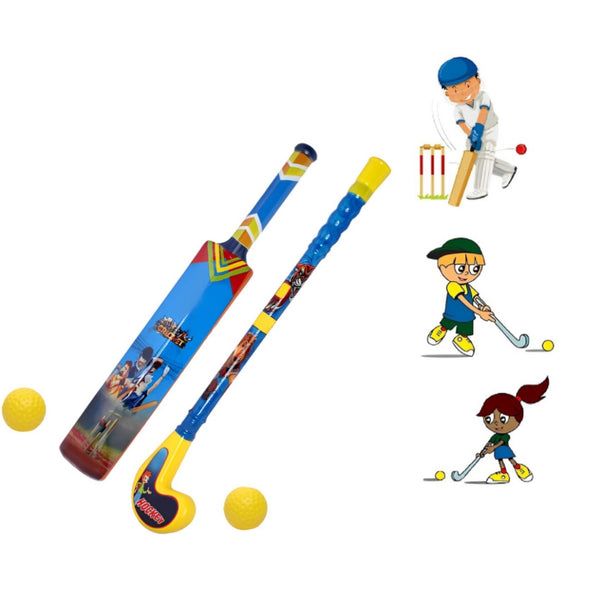 Kids Cricket Bat and Hockey Stick Set with 2 Balls - Color May Vary