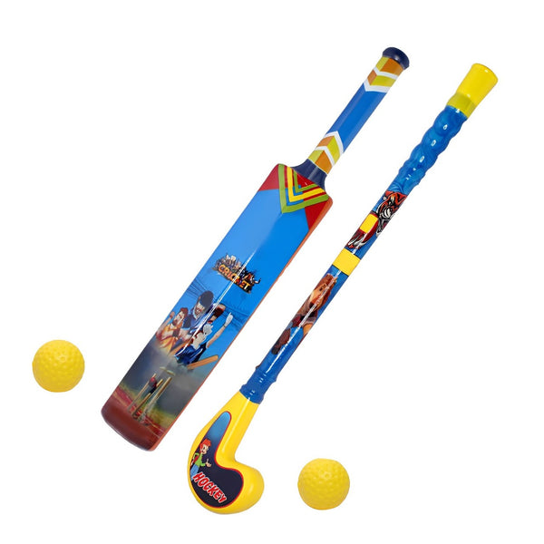 Kids Cricket Bat and Hockey Stick Set with 2 Balls - Color May Vary