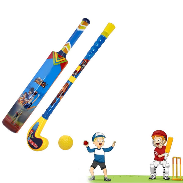Kids Cricket Bat and Hockey Stick Set with 2 Balls - Color May Vary