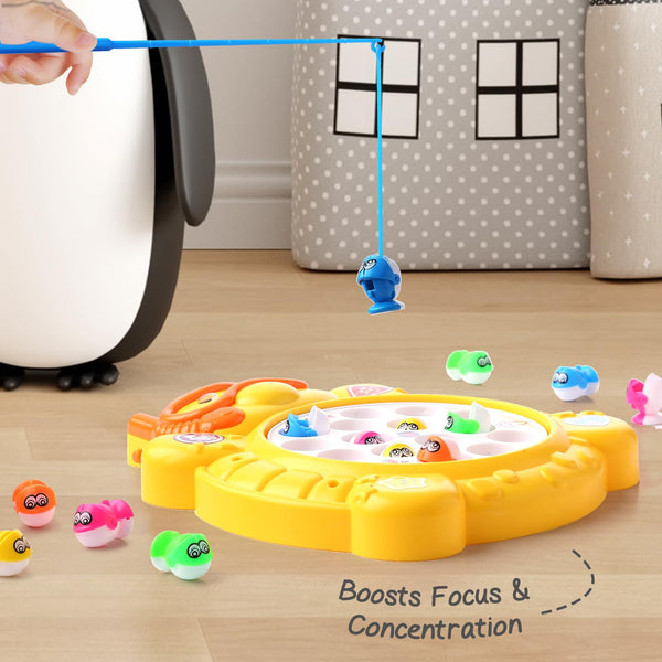 Electronic Rotating Fishing Game for Kids | Fish-Catching Toy with 15 Fish & 4 Poles | Musical Board Game.