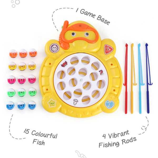 Electronic Rotating Fishing Game for Kids | Fish-Catching Toy with 15 Fish & 4 Poles | Musical Board Game.