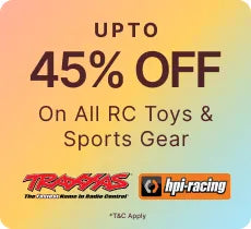 Promotional banner with 45% off on RC toys and sports gear from Traxxas and HPI Racing.