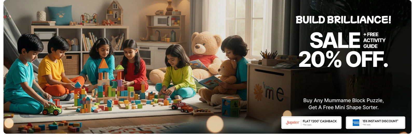  Children playing with toys in a room with a sale advertisement for educational products.