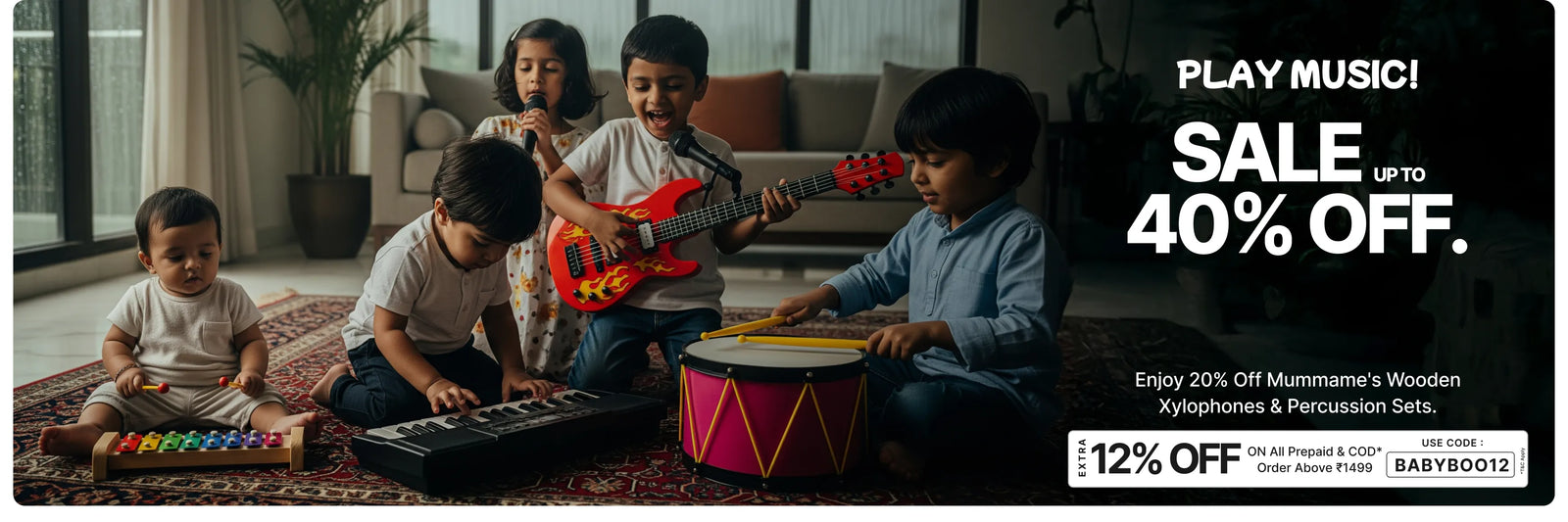  Children playing musical instruments in a living room with a sale advertisement for Munchkin's wooden xylophones and percussion sets.