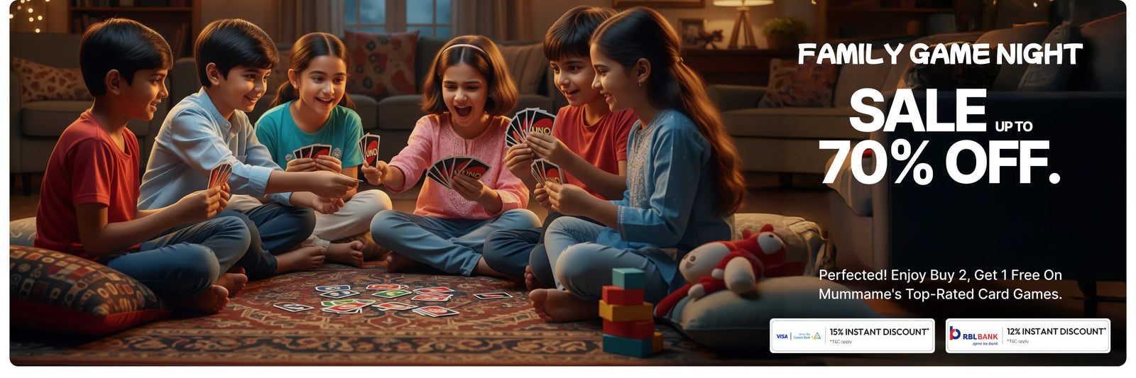  Children playing card games on a couch with a promotional banner for a sale on board games.