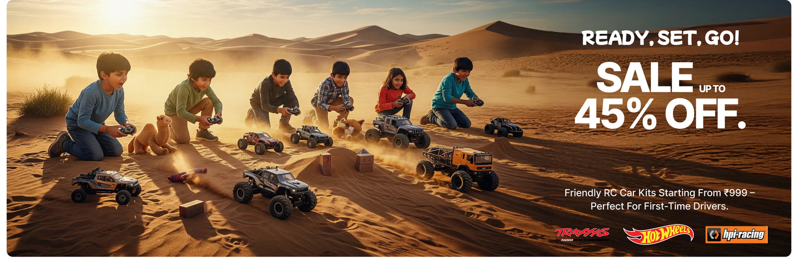  Children playing with toy cars in a desert scene with promotional text for Hot Wheels RC cars.