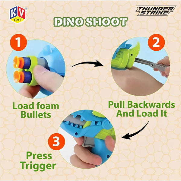 Thunder Strike Dino Shoot Blaster Gun | Includes 6 Soft Foam Bullets | Double Loading Toy for Kids 4+.