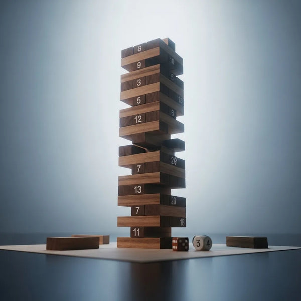 Wooden Tumbling Tower Stacking Blocks Game (51 Pcs) | Classic Wood Stacking Toy with 4 Dice | Family Game.