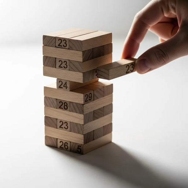 Wooden Tumbling Tower Stacking Blocks Game (51 Pcs) | Classic Wood Stacking Toy with 4 Dice | Family Game.