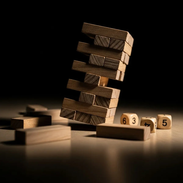 Wooden Tumbling Tower Stacking Blocks Game (51 Pcs) | Classic Wood Stacking Toy with 4 Dice | Family Game.